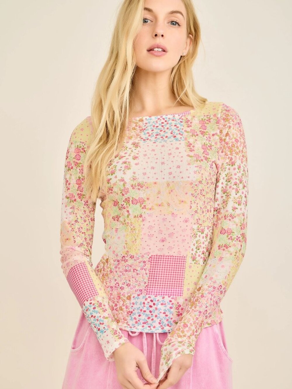 J.HER FLORAL MESH TOP-PINK/SMALL